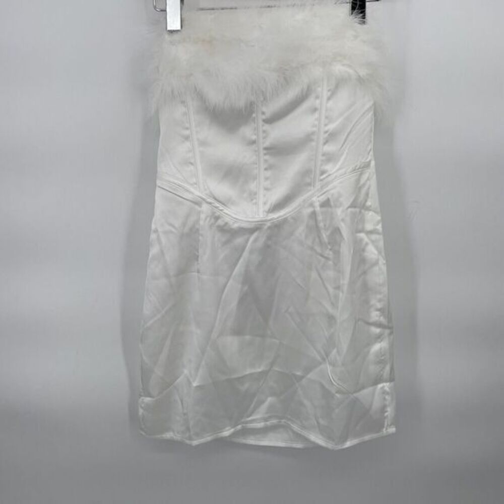 White Satin Corset Feather Trim Detail Bodycon Dress Size 10 #16B